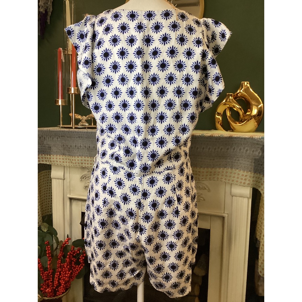 LOFT Women White Navy Blue Sunburst Floral Linen Blend Button Front Romper 8 - Picture 3 of 5